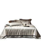 Luxurious satin bedding set with contrasting decorative trim