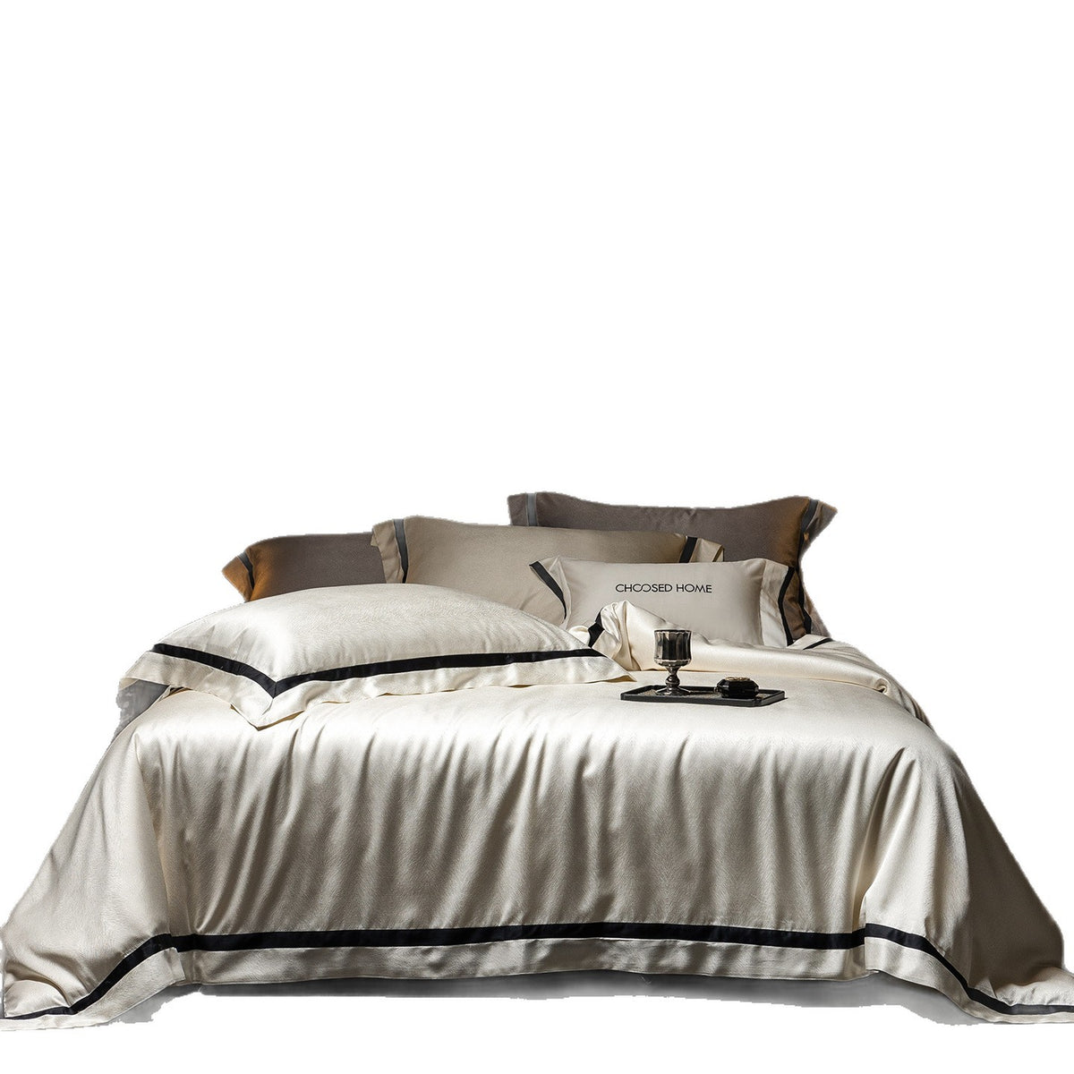 Luxurious satin bedding set with contrasting decorative trim