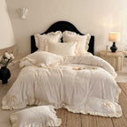 Romantic ruffle bedding set with bow appliqués and soft touch