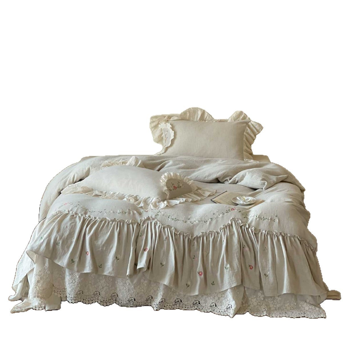 Linen bedspread in country house style with embroidered ruffle and lace edge