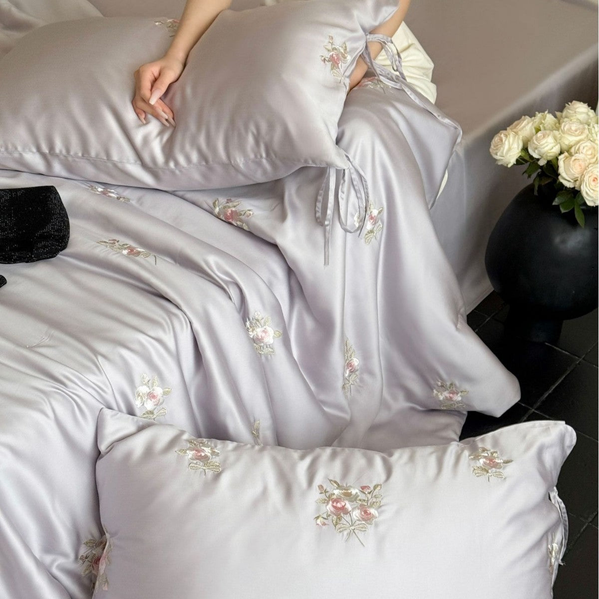 Luxurious Embroidered Satin Bedding Set with Rose Pattern and Ribbon Pillow