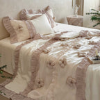 Premium duvet cover set with artistically crafted flowers, pleated ruffle and silky-matt finish