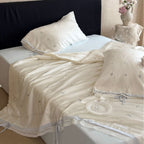 Luxurious cotton satin bedding set with cherry print, lace trim and frill