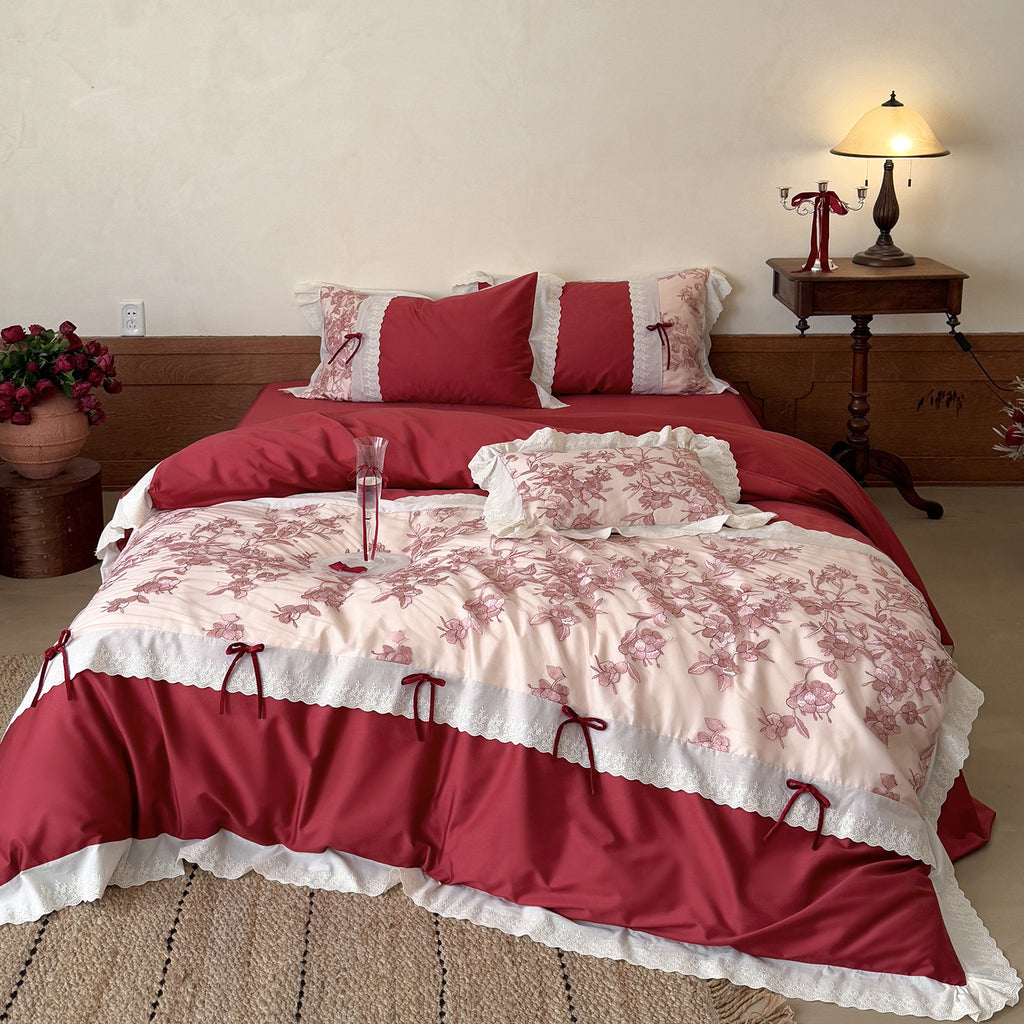 Romantic Cotton Bedding Set with Floral Embroidery, Lace Border and Decorative Ribbons
