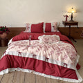 Romantic Cotton Bedding Set with Floral Embroidery, Lace Border and Decorative Ribbons