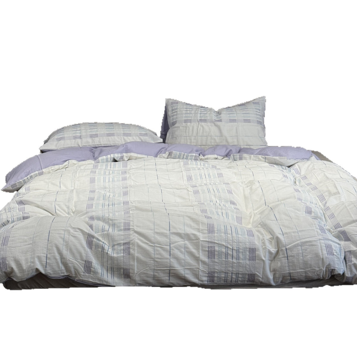 Cotton percale bedding set with a light quilted texture and subtle striped texture