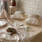 Padded bedspread set with multilayer lace trim and floral woven texture
