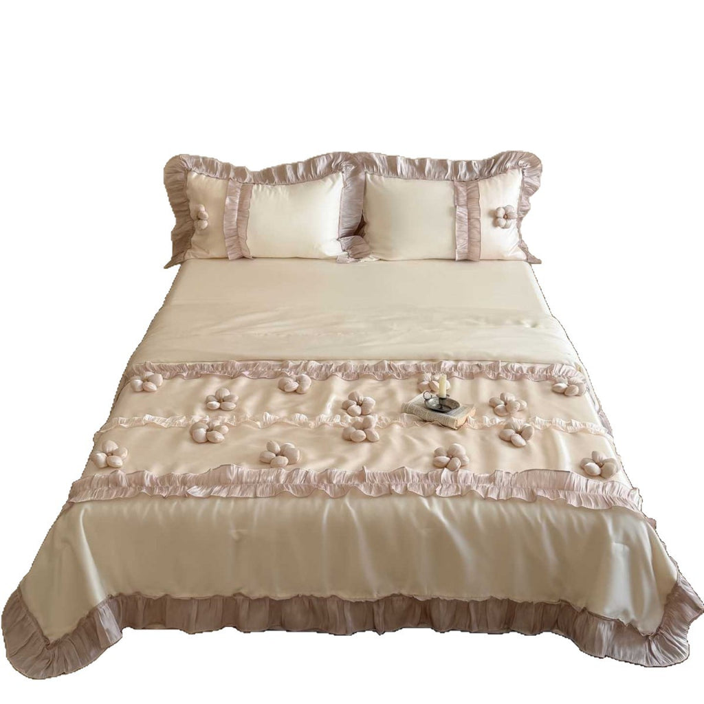 Premium duvet cover set with artistically crafted flowers, pleated ruffle and silky-matt finish