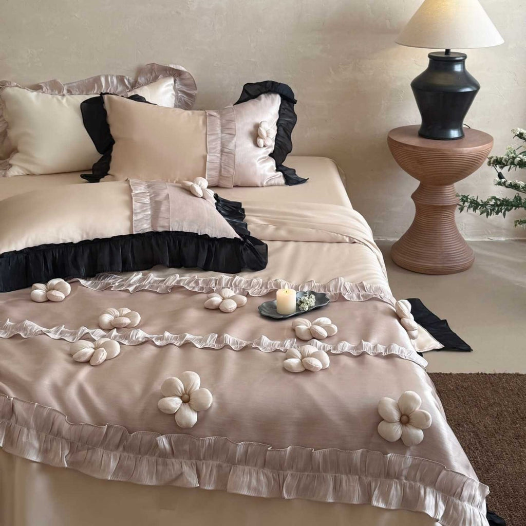 Premium duvet cover set with artistically crafted flowers, pleated ruffle and silky-matt finish