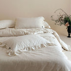 Quilted cotton-linen duvet cover set with subtle wrinkled texture and ruffle