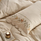 Embroidered Cotton-Linen Bedding Set with Wavy Hem and Floral Border Motif
