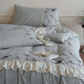 Luxurious cotton-linen bedding set with lace ruffle and floral embroidery