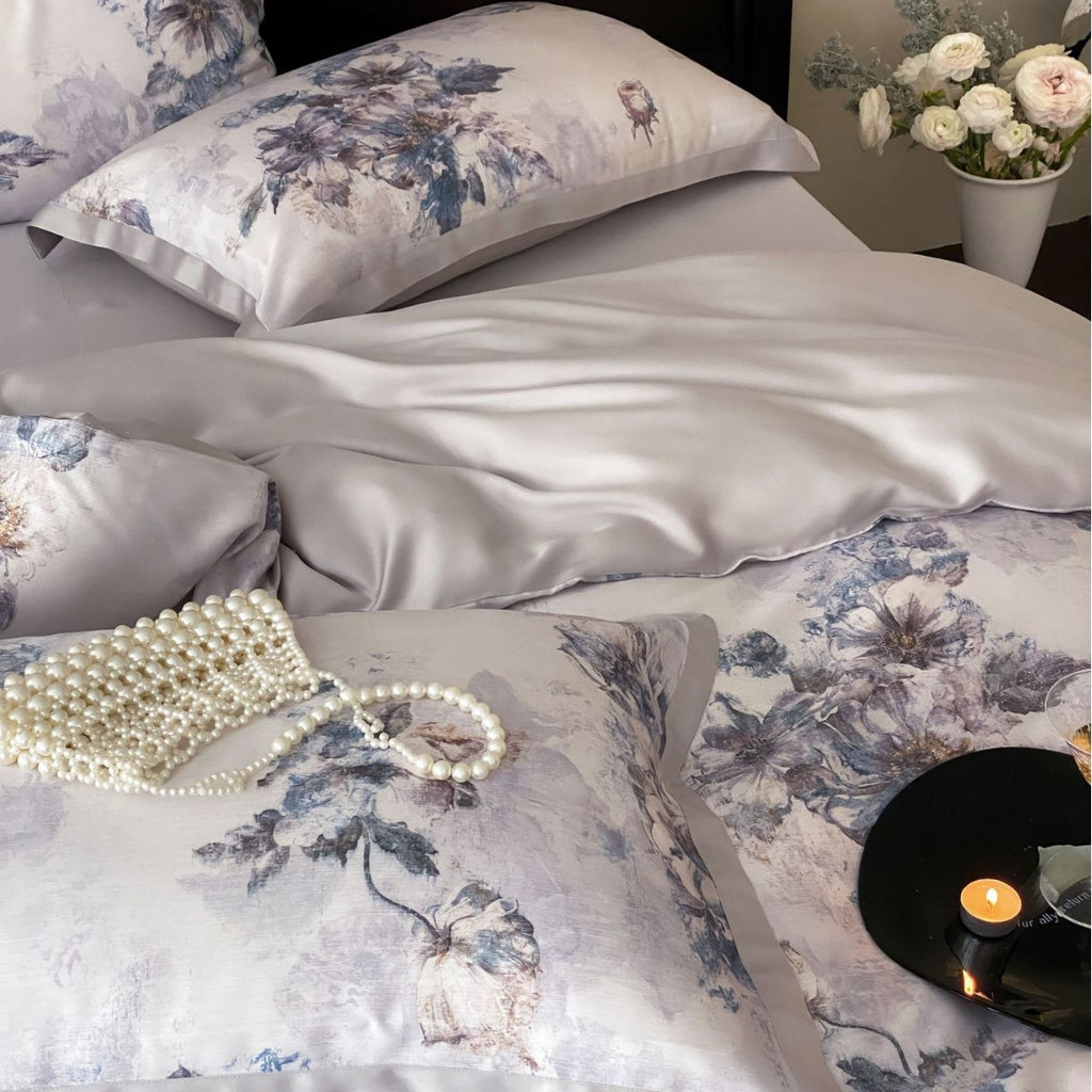 Luxurious satin bedding with floral watercolor print