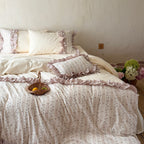 Romantic cotton percale bedding set with ruffled border and fine floral stripe