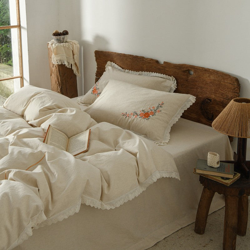 Linen-Cotton Duvet Cover Set with Floral Embroidery and Lace Edge