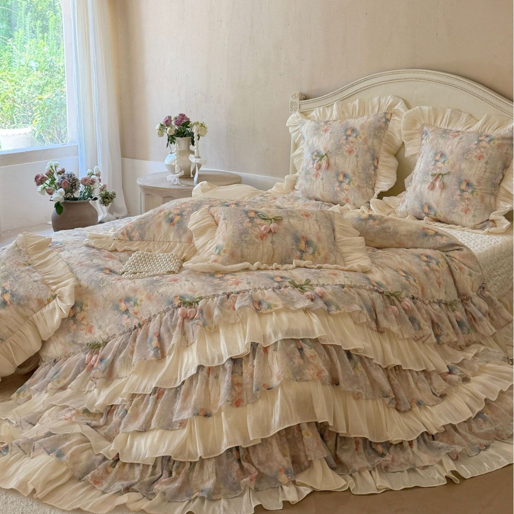 Romantic bedding set with layered ruffle, frills, and delicate watercolor flower print