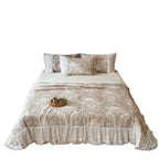 Padded bedspread set with multilayer lace trim and floral woven texture