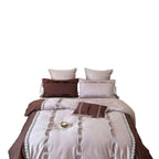 Elegant bedding set made of cotton satin with decorative pleats, bows, and lace trim