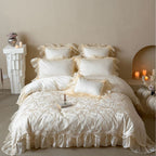 Opulent satin bed set with jacquard-embroidered bedspread and voluminous ruffle hem