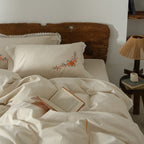 Linen-Cotton Duvet Cover Set with Floral Embroidery and Lace Edge