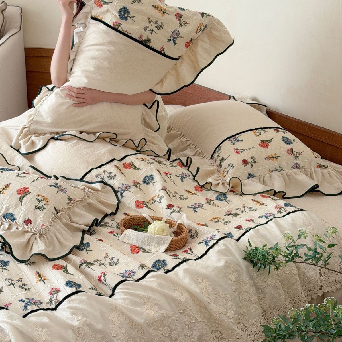 luxurious quilted bedspread set with embroidered lace and flounces
