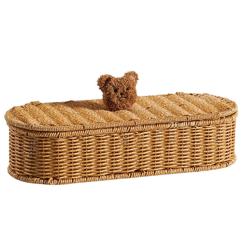 Decorative Woven Storage Box With Cute Bear Lid