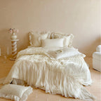 Luxurious romantic bedding set with pleated ruffles and decorative cushion