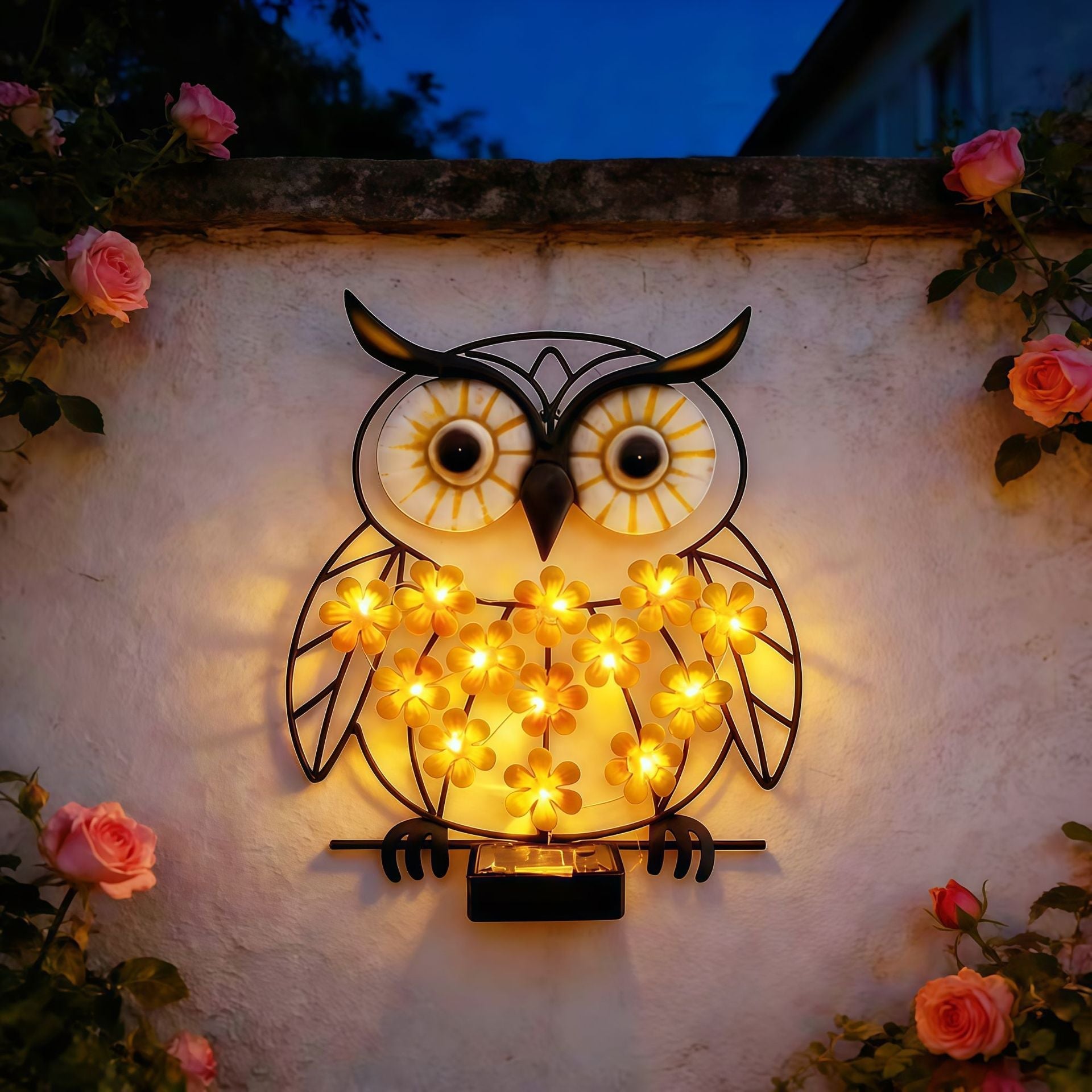 Metal Owl Wall Art With Solar Powered LED Floral Lights And Iron Frame Vinantica