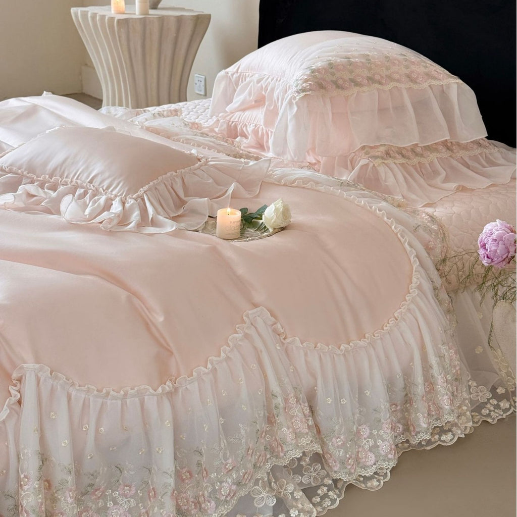 Luxurious romantic bedding set with lace ruffles and embroidered cotton satin