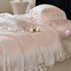 Luxurious romantic bedding set with lace ruffles and embroidered cotton satin
