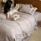 Romantic ruffle bedding set with lace trim and cotton-linen blend