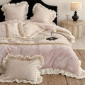 Romantic velvet bedding set with gathered satin frills and decorative ribbon