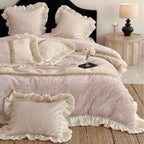 Romantic velvet bedding set with gathered satin frills and decorative ribbon