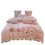 Playful children's bedding set with embroidered cat appliqué and cuddle pillow