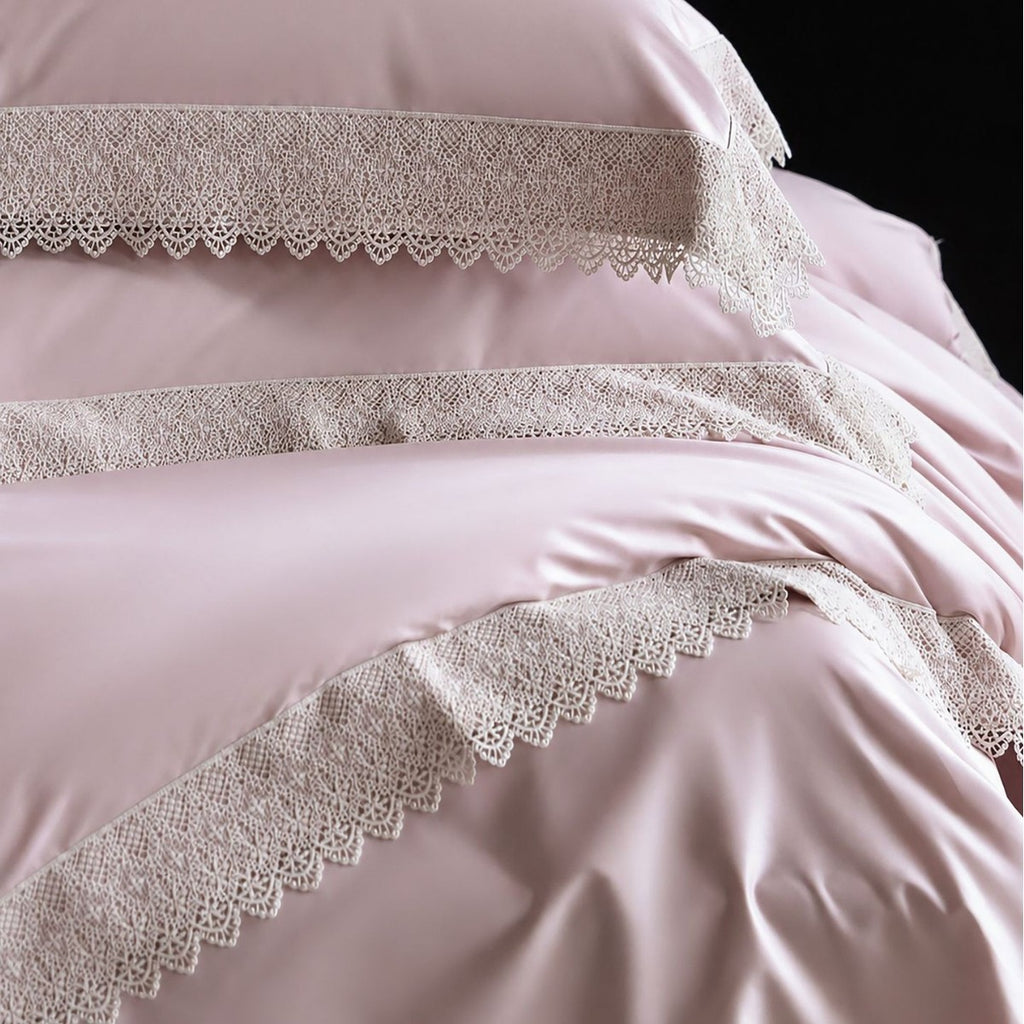 Luxurious satin bedding set with fine lace edging