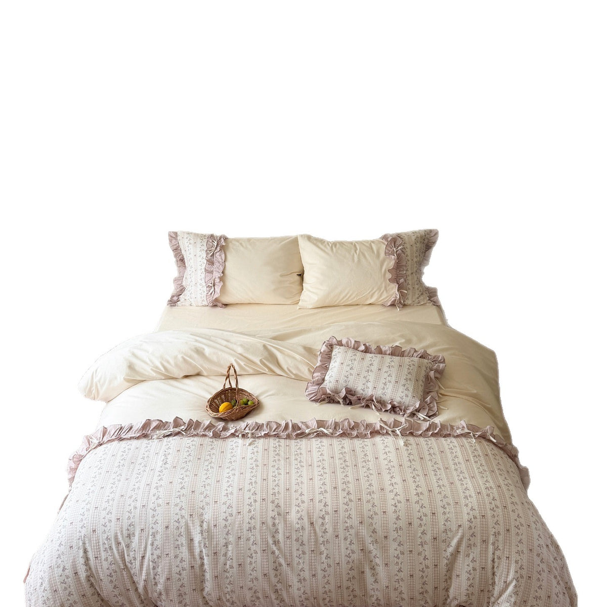 Romantic cotton percale bedding set with ruffled border and fine floral stripe