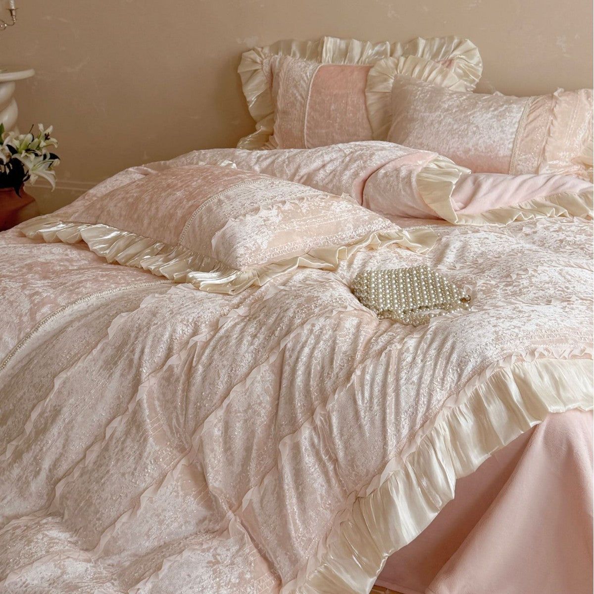 Velvet Bedding Set with Ruffles and Lace Trim
