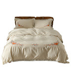 Linen-Cotton Duvet Cover Set with Floral Embroidery and Lace Edge