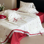 Luxurious cotton satin bedding set with cherry print, lace trim and frill