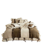 Country house style cotton-linen bedding set with ruffles, striped bedspread and decorative pillow