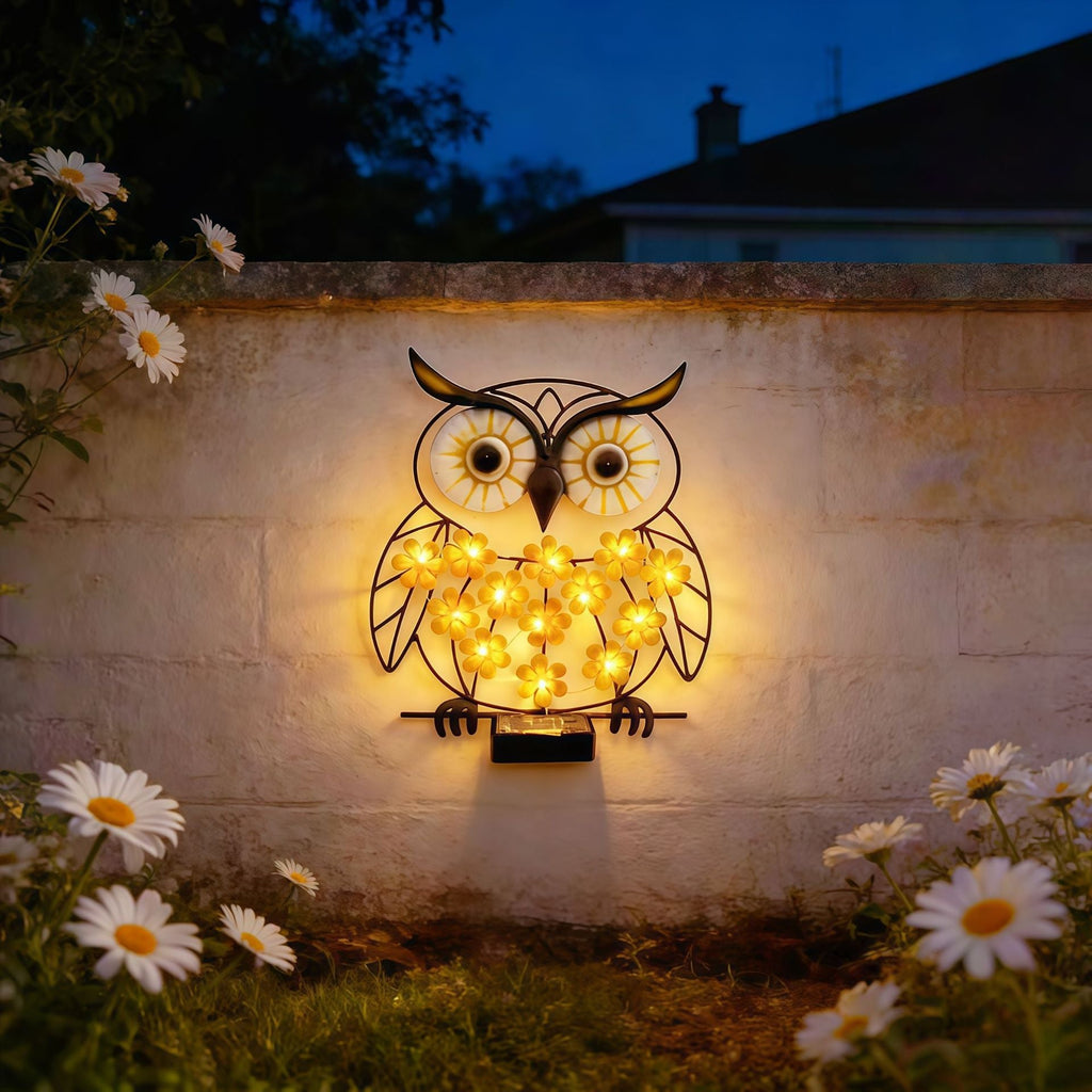 Metal Owl Wall Art With Solar Powered LED Floral Lights And Iron Frame Vinantica
