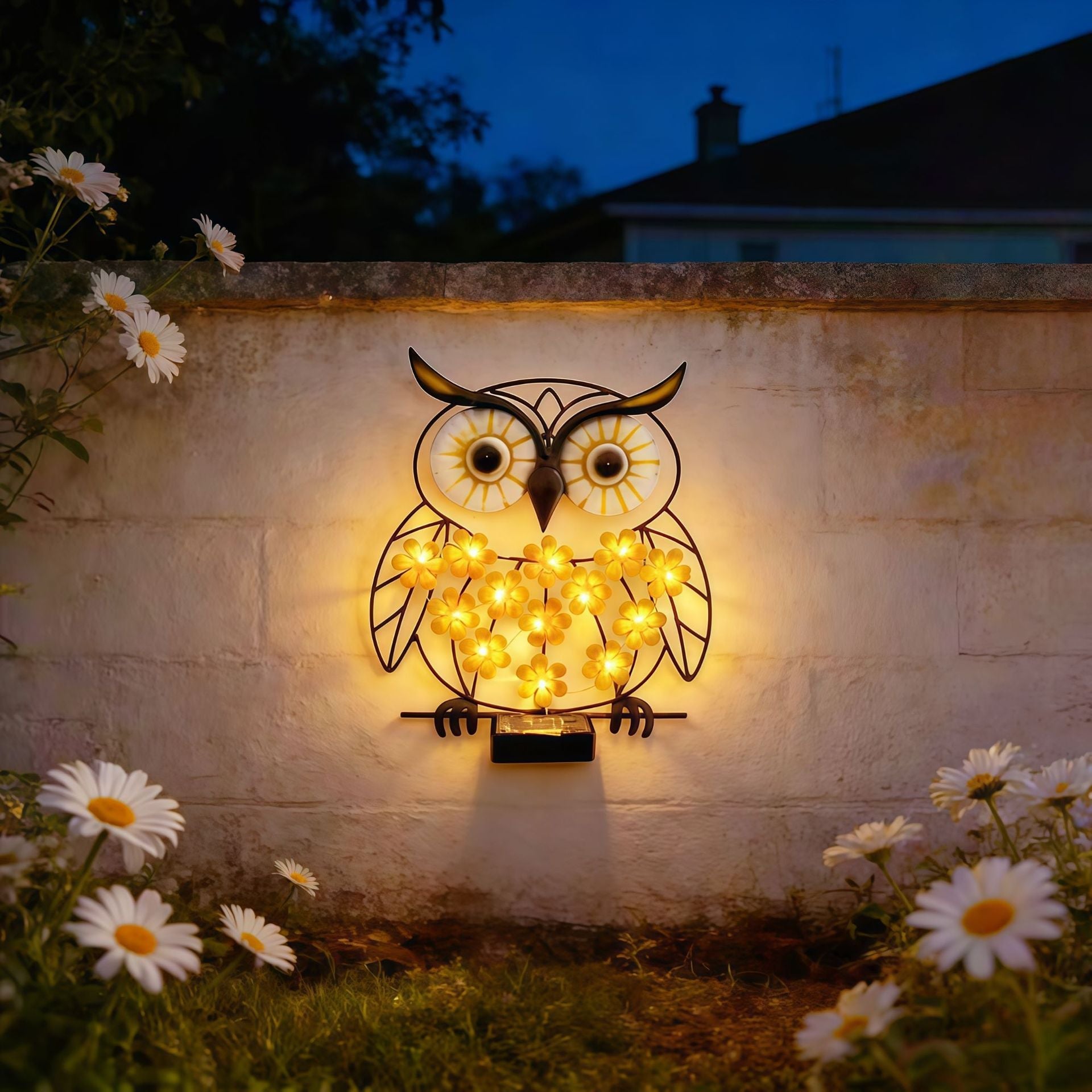 Metal Owl Wall Art With Solar Powered LED Floral Lights And Iron Frame Vinantica