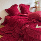 Romantic quilted bedspread with 3D rose appliqué, pleated frills and pillowcases