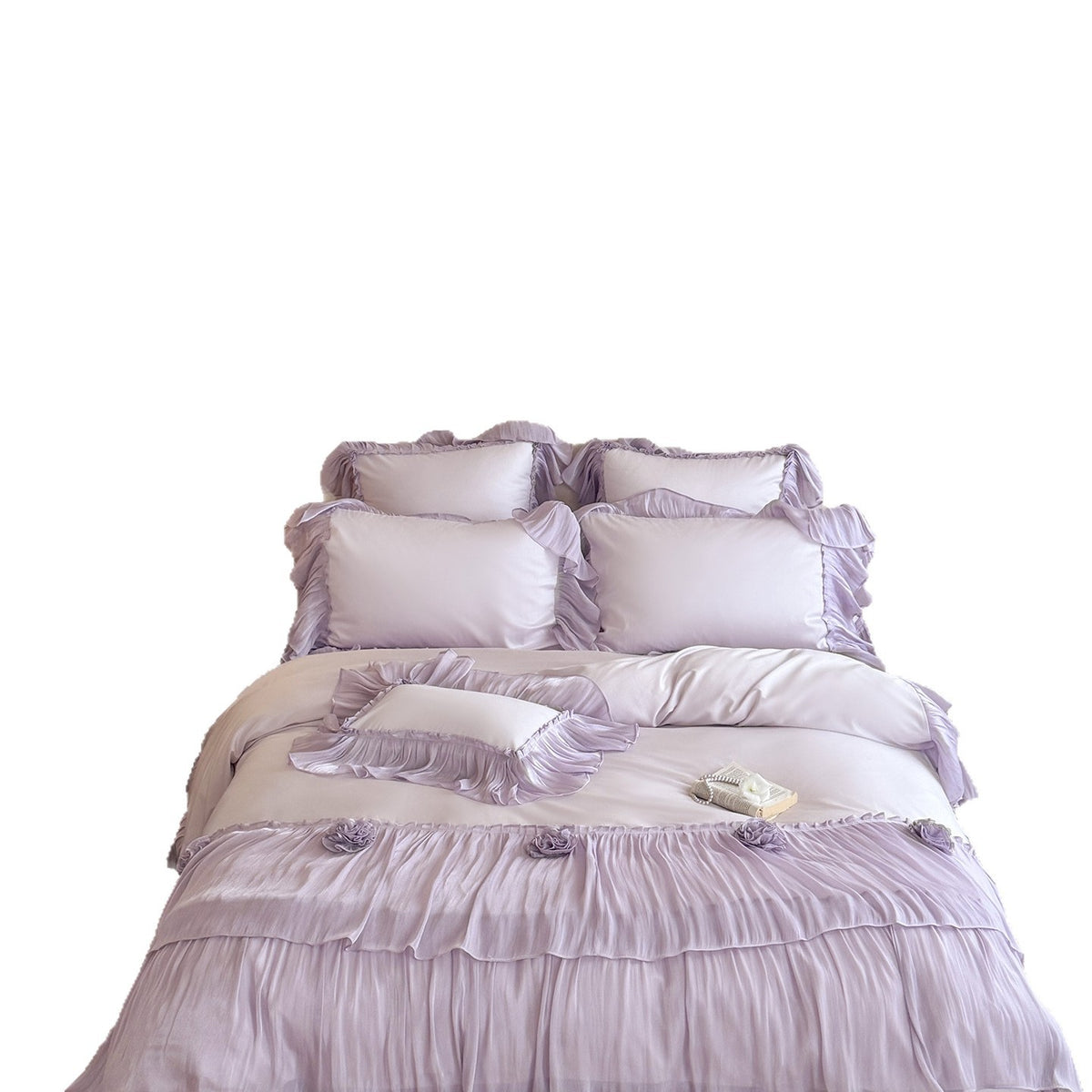 Romantic satin bedding set with layered ruffles and rose appliqués