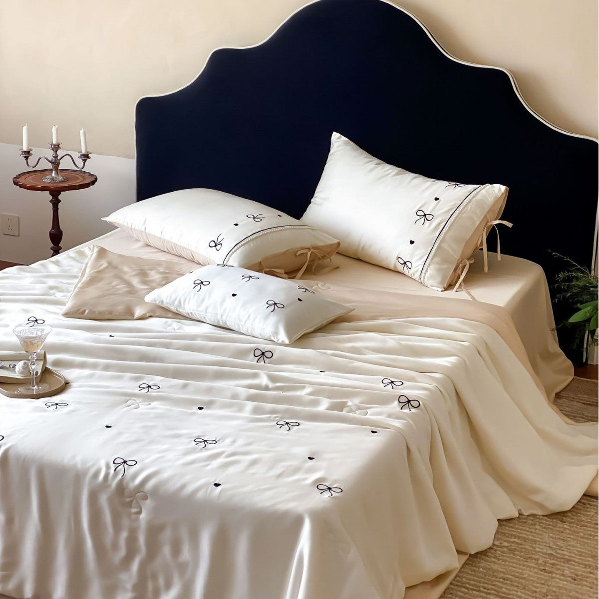 Fine silk look cotton satin bed linen set with delicate ribbon embroidery and ties