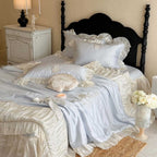 Romantic bedspread set with pleated ruffles, fine embroidery and decorative pillows