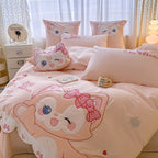 Playful children's bedding set with embroidered cat appliqué and cuddle pillow