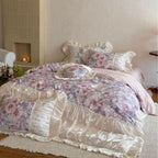 Romantic satin bedding set with floral pattern, ruffle and round cushion