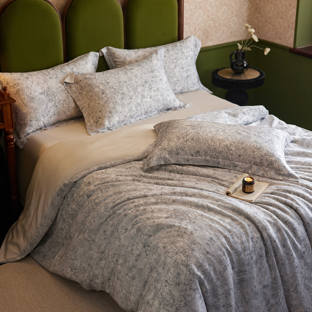 Premium cotton satin bedding set with watercolor wildflower print and extra soft satin finish
