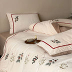 Embroidered Linen-Cotton Duvet Cover Set with Pine Branch Design & Zigzag Border